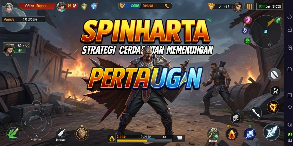 Screenshot gameplay SPINHARTA menampilkan pertarungan strategis yang menarik.